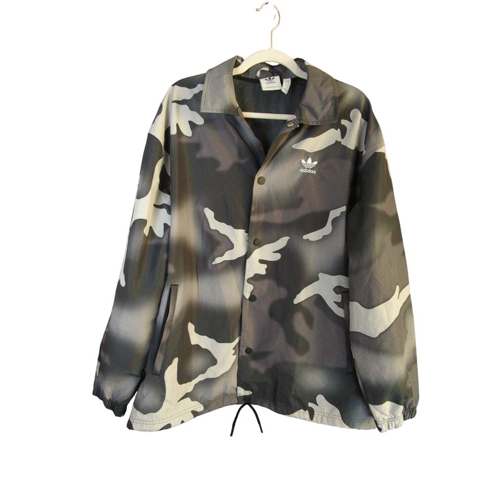 Adidas Coach Jacket Mens M Gray Camo Graphic Windbreaker Snap Front